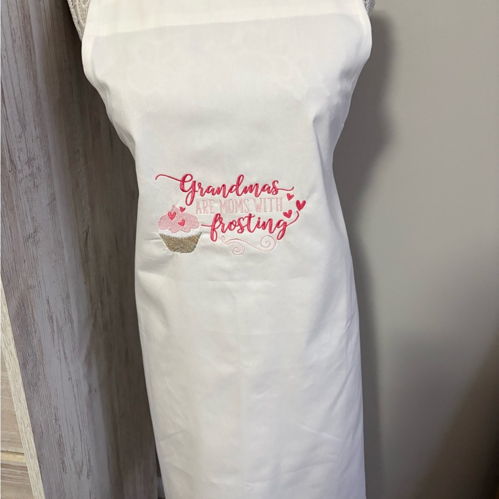 White Apron with Pink Embroidery